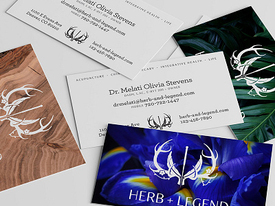 Herb+Legend Business Cards acupuncture antlers branding flower logo medicine needle plant