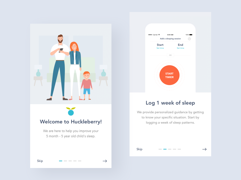 Huckleberry: Sleep Improvement for Families analyse sleep children child family traker timer ios onboarding interface illustration app