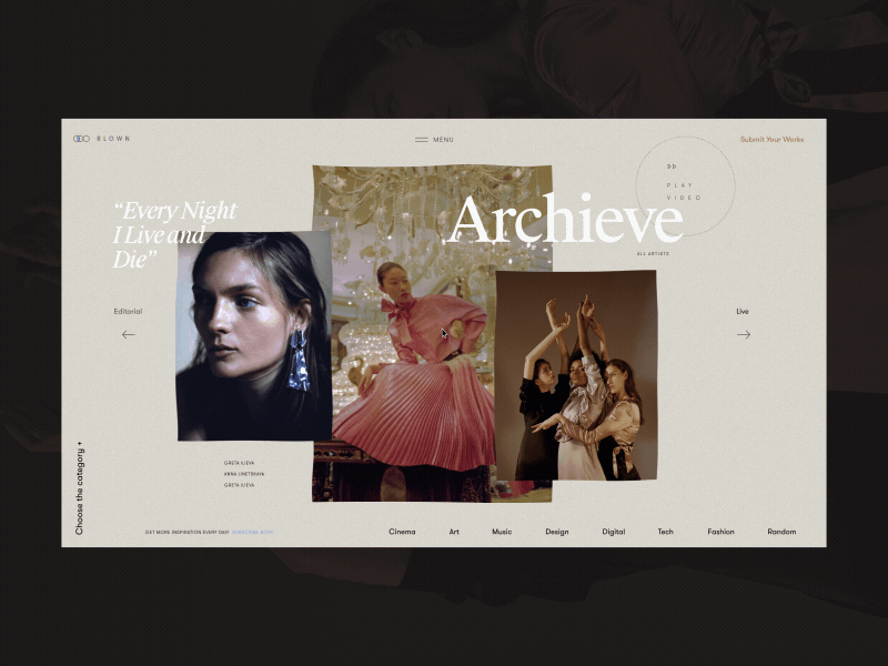 Blown Art Works and News Platform Animation grid bold whitespace platform promo icon models interaction typography platfrom archive animation ux ui motion interface gif design anim