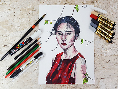 Snow and red dress art asian beauty drawing illustration red rendering snow woman