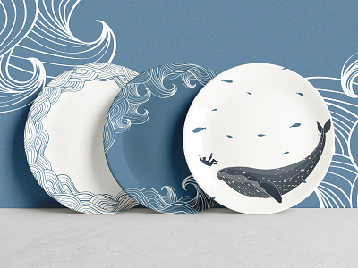 Jonah and the huge fish tableware azul baleia blue conjunto dinnerware estampa illustration jonas mar mesa ocean oceano pattern peixe plate prato print and pattern sea wave whale