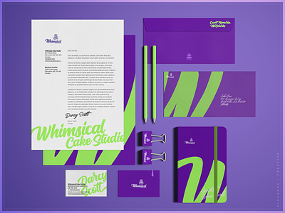 Whimsical Cake Studio | Stationary bold brand cards design envelope green letterhead logo notebook purple stationary stationary design type typogaphy