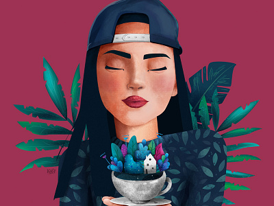 Her Morning Elegance colorful flowers house illustration landscape leafs nature plants portrait tea woman