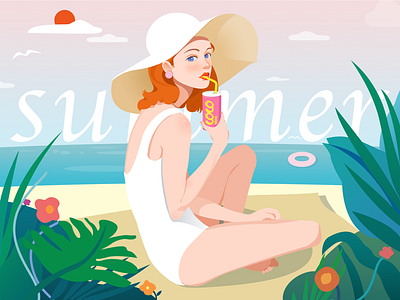 Summer beautiful design drawing drink girl holiday illustration pretty sea summer swimsuit woman