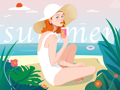 Summer beautiful design drawing drink girl holiday illustration pretty sea summer swimsuit woman