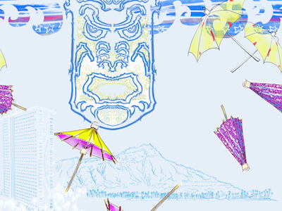 Diamond Head Umbrella Tiki Daydream © 2017 by Edward Huse catamaran coctail umbrella digital hawaii line drawing ocean paddles polynesian reverie tiki