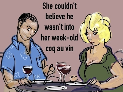 she couldn’t believe he wasn’t into her ancient coq au vin autodesk graphic awkward couple dinner party funny humor line drawing wine