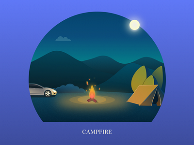 Campfire blue sky campfire car light moon mountain night tent