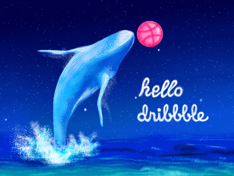 Hello dribbble animation blue dribbble fish gif hello illustration ocean sky stars wallpaper whale