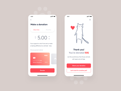 Shltr - Adoption app adoption app design cat credit card design donate illustration interface mobile payment ui ux