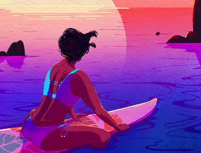Enjoy the view character character design color colors digitalart hair illustration landscape sea summer sun sunset surf swimsuit water women