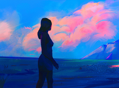 Blue Landscape blue character cloud color concept art digital painting digitalart dress illustration landscape montain skype woman
