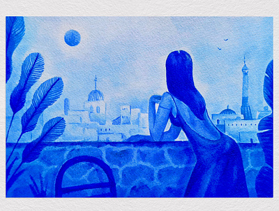 la belle au balcon. blue drawing illustration ink paper traditional woman