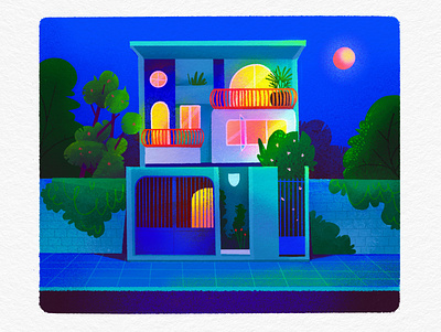 House architecture city color design digitalart garden graphic design house illustration inktober ligth moon night street