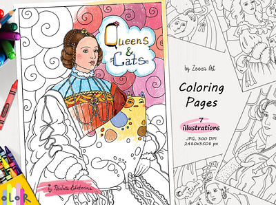 Coloring pages - Queens and Cats animal art cat cats coloring books coloring pages design illustration illustrations zooza