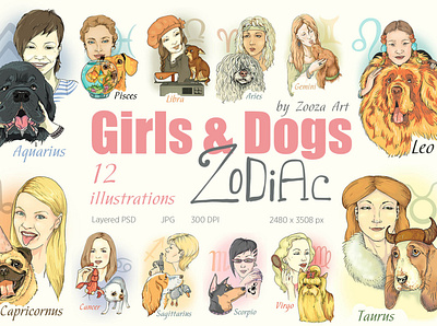 Zodiac illustrations animal art clipart dog dogs illustraion illustration prints stickers zooza