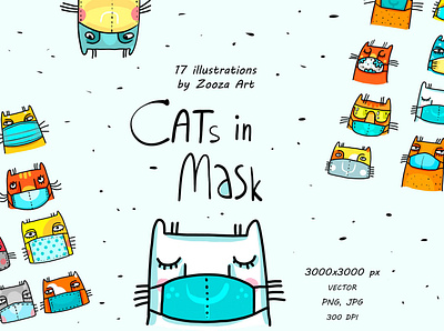 Cats in mask animal cat cats clipart corona covid design fun funny health illustration illustrations mask prints protection stickers zooza