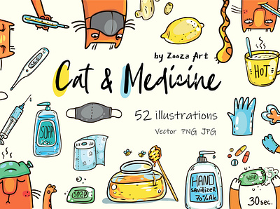 Cat and medicine animal cat cats clipart design illustration illustrations prints stickers zooza