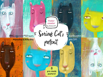 Cat's portraits animal cat cats clipart constructor cute design illustration illustrations maker portrait poster prints zooza