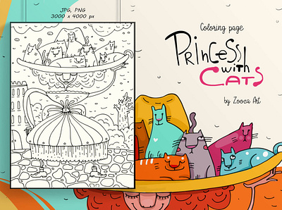 Princess with cats animal art cat cats clipart coloring page illustration illustrations zooza