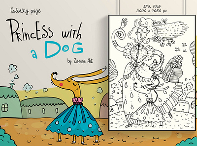 Princess with a Dog animal clipart coloring book coloring page design dog dogs illustraion illustration prints zooza