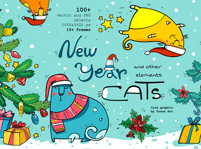 New Year Cats illustrations animal cat cats christmas clipart design illustration illustrations new year stickers zooza