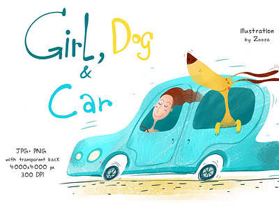 Girl, Dog and Car car dog dogs girl illustraion prints road travel trip zooza