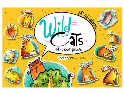 Wild Cats - sticker pack animal cat cats clipart cute cats design funny cats illustration prints sticker pack stickers vector
