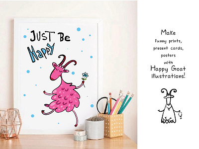 Just be happy like a goat animals art be happy cute flower goat happy illustration picture pink goat print