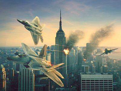 City chase chase fight jets photomanipulation retouch sun
