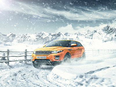 Snowy outdoors car ice orange photo manipulation post production snow white winter
