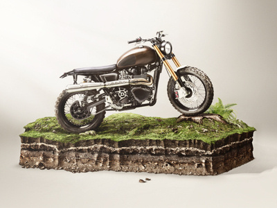 Born to be wild bike bright brown dirt green motocross mountains post production retouche rocks