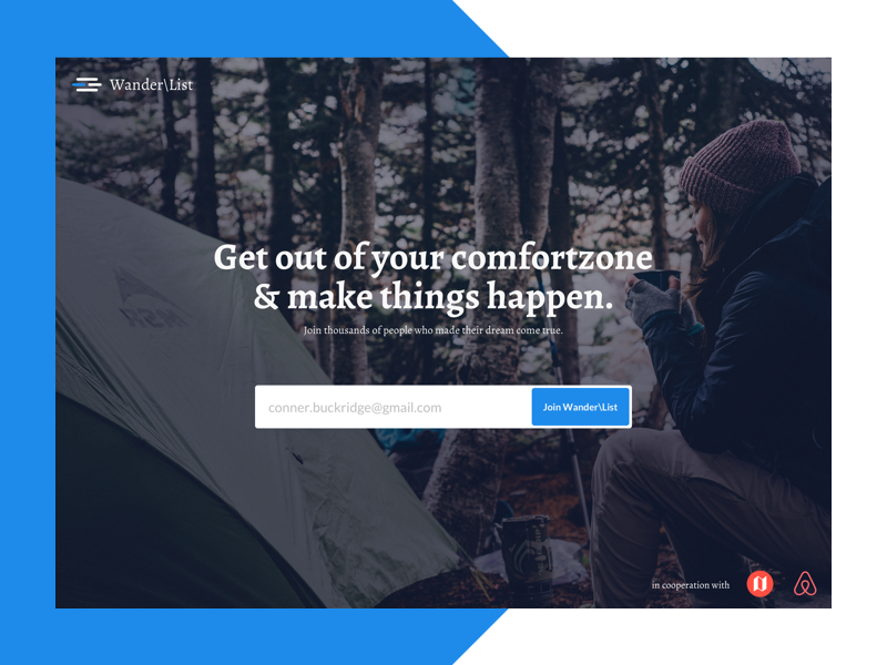 Daily UI #003 – Landingpage | Wander\List comfortzone camping newslettersignup ui airbnb nomadlist dailyui hiking wanderlust