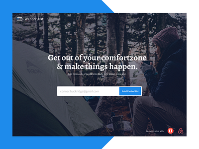 Daily UI #003 – Landingpage | Wander\List airbnb camping comfortzone dailyui hiking newslettersignup nomadlist ui wanderlust