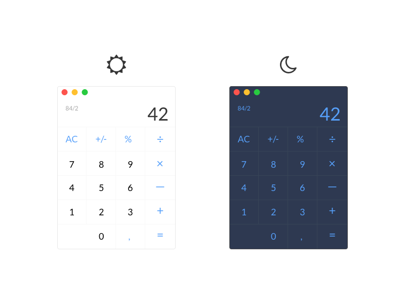Daily UI #004 – Calculator | Day & Night Mode moon sun nightmode night app 42 minimal applestyle calc dailyui calculator