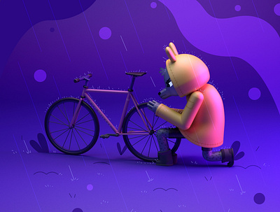 Bike Problems 3d bike cartoon character illustration purple rain wolf yellow