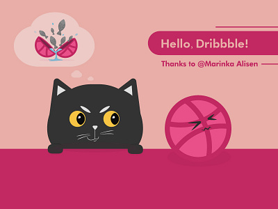 Hello Dribbble and ball cat dribble fish happy hello illustration new