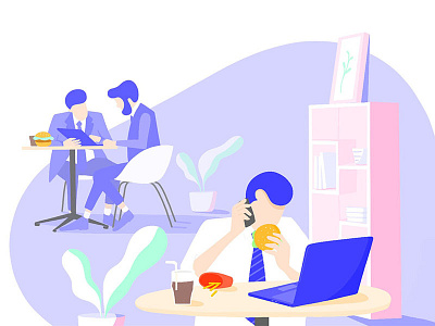 Illustration: Junk food at work blue health illustration junk food lifestyle office purple unhealthy vector vector illustration wellness