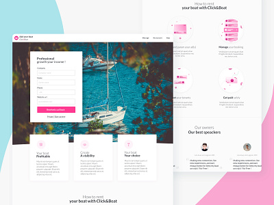 CAB - Landing add your boat background boat card clikandboat form icon illustration landing photo pink typography ui webdesign