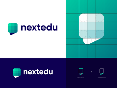 NextEdu - Logo academy brand identity branding color palette creative logo education learning logo next arrow next logo nextedu logo open book school