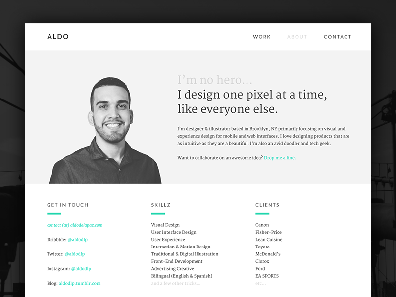 I'm no hero... freelancer designer bio sketch about portfolio