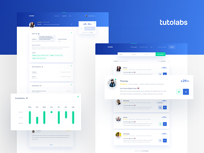 Tutolabs Tutor List & Profile blue cards clean gradient green interface learning minimal tutoring ui ux web