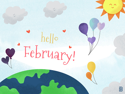 Hello February! balloon february painting smile watercolor