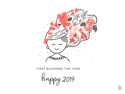 Happy 2019!! 2019 bloom coralorange cute flowers girl grow illustration newyear pantone selfcare vector
