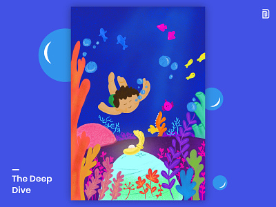 The Deep Dive boy bubbles coral coral reef cute deepdive fishes illustration ocean pearl procreate sea swimming underwater