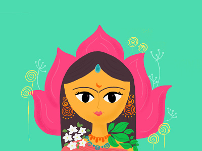 Navratri Series - Shailaputri colors crescent durga dusshera festival floral girl goddess hindu mythology illustration indian goddess jasmine lotus motif mountain navratri nine procreate woman