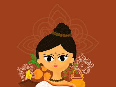 Navratri Series - Brahmacharini avatar calm composed durga dussehra festival girl goddess hindu illustration kolam mango motifs myhtology navratri nine days procreate tulsi women