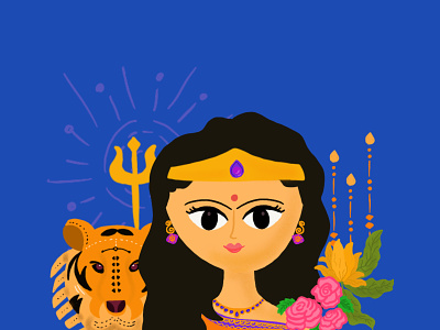 Navratri Series - Chandraghanta bell champa courage durga festival girl goddess illustration moon navratri nine days procreate roses tiger war women