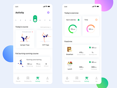 Fitness activity page app calories character illustration clean diet fitness fitness data illustration mobile ui ux yoga