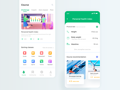 Fitness class list activity page app banner clean course recommendation design fitness icon illustration personal body data sports ui